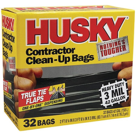 Contractor Trash Bags, 42 Gal, 2 Ft 7 3/4 In X 3 Ft 9 1/2 In, 3 Mil, Heavy Duty, Black, 32 Pack